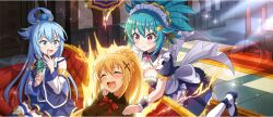  3girls alternate_costume apron aqua_(konosuba) aqua_hair armpit_crease ascot black_bodysuit blonde_hair blue_collar blue_eyes blue_hair blue_shirt blue_skirt blush bodysuit bow bowtie braid breasts carpet chair cleavage closed_eyes closed_mouth collar corset couch darkness_(konosuba) detached_collar detached_sleeves electrocution enmaided floating furrowed_brow game_cg green_bow green_bowtie hair_between_eyes hair_ornament hair_rings hair_scrunchie hairpin hand_to_own_mouth hands_on_another&#039;s_shoulders high_heels highres indoors kono_subarashii_sekai_ni_shukufuku_wo! konosuba!_fantastic_days large_breasts light_rays lightning_bolt_hair_ornament lightning_bolt_symbol living_room long_hair looking_at_another maid maid_apron maid_headdress masochism massage mel_(konosuba) miniskirt multiple_girls neck_ribbon official_alternate_costume official_art on_couch open_mouth pink_brooch pink_eyes pointy_ears ponytail ponytail_with_braided_base red_ribbon ribbon scrunchie shirt short_sleeves sidelocks single_hair_ring sitting skirt sleeveless sleeveless_shirt spiked_hair spirit sunbeam sunlight sweatdrop thighhighs v-shaped_eyebrows wavy_mouth white_apron white_ascot white_collar white_corset white_sleeves white_thighhighs wrist_cuffs x_hair_ornament yellow_scrunchie 