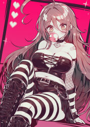  ahoge bandaid bare_shoulders belt black_choker black_skirt blowing_bubble_gum blush boots breasts brown_eyes brown_hair chains chewing_gum choker cleavage collarbone crop_top detached_sleeves female fishnets hair_between_eyes heart heart-shaped_pupils highres huge_ahoge indie_virtual_youtuber knee_boots knee_up large_breasts long_hair looking_at_viewer midriff miniskirt navel parororo sitting skirt sky_above_me_(vtuber) solo striped_clothes striped_thighhighs symbol-shaped_pupils thighhighs thighs very_long_hair virtual_youtuber 