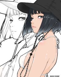 artist_name bambi_surprise bikini black_eyes black_hair black_hat breasts closed_mouth commentary english_commentary female from_side halterneck hat highres lineart_zoom_layer looking_at_viewer looking_to_the_side original simple_background small_breasts solo swimsuit white_background white_bikini zoom_layer 