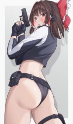  absurdres alternate_costume ass black_gloves black_jacket border bow brown_eyes brown_hair closed_mouth commentary_request commission contemporary female fingerless_gloves fingernails frills from_behind glock gloves grey_background gun hair_between_eyes hair_ornament hair_tubes hairbow hakurei_reimu handgun hands_up headphones high_ponytail highres holding holding_gun holding_weapon jacket long_sleeves looking_at_viewer looking_back microphone multicolored_jacket outside_border pixiv_commission pocket ponytail ramie_(ramie541) red_bow shadow short_hair short_ponytail sidelocks simple_background solo t-back thigh_strap thong touhou two-tone_jacket v-shaped_eyebrows weapon white_border white_jacket 