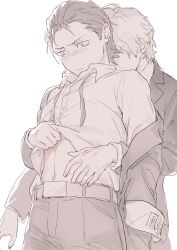  2boys armband belt blush closed_mouth clothes_lift commentary_request embarrassed front-to-back hiraga_keisuke isa_(peien516) jacket jacket_partially_removed lifting_another's_clothes male_focus multiple_boys navel neck_ribbon odagiri_hidetoshi pants persona persona_3 ribbon shirt_lift short_hair simple_background standing undone_neck_ribbon white_background yaoi 