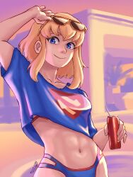  adapted_costume adjusting_eyewear arm_up bikini bikini_top_peek blonde_hair blue_eyes blue_shirt breasts can closed_mouth collarbone commentary cosplay cover_bikini_girl_(gta_vi) cover_bikini_girl_(gta_vi)_(cosplay) crop_top dc_comics drinking_straw english_commentary eyewear_on_head female grand_theft_auto grand_theft_auto_vi hand_on_eyewear highleg highleg_bikini highres holding holding_can looking_at_viewer midriff moitoon my_adventures_with_superman navel pose_imitation shirt short_hair short_sleeves signature smile solo sunglasses supergirl supergirl_(my_adventures_with_superman) superman_(series) superman_logo swimsuit 