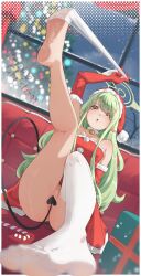  absurdres alternate_costume bare_shoulders barefoot bell black_tail blue_archive blush box breasts candy candy_cane christmas christmas_tree commentary couch demon_tail dress elbow_gloves english_commentary english_text feet female food foot_focus foreshortening full_body fur-trimmed_dress fur-trimmed_headwear fur_trim gift gift_box gloves green_hair halo hat highres hikari_(blue_archive) indoors kneepits leg_up legs long_hair looking_at_viewer merry_christmas neck_bell no_shoes on_couch open_mouth ozzyart_0221 pointy_ears pom_pom_(clothes) red_dress red_gloves red_hat removing_sock santa_costume santa_dress santa_hat see-through_clothes see-through_legwear single_sock single_thighhigh socks soles solo strapless strapless_dress sweat tail thighhighs thighs toes variant_set white_socks white_thighhighs yellow_eyes 
