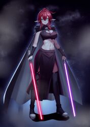  absurdres ahoge black_cape boots breasts cape clothing_cutout commentary dual_wielding earrings energy_sword english_commentary female heart_cutout highres holding indie_virtual_youtuber jewelry kurotsuki_arts lightsaber linea_alba purple_lightsaber red_hair red_lightsaber sagefif_(vtuber) shadow sith solo star_wars stomach sword thighhighs virtual_youtuber weapon 