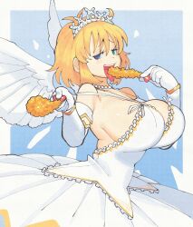  @_@ blonde_hair blue_background blue_eyes border breasts commentary dress elbow_gloves female food gloves green_eyes heterochromia highres holding holding_food huge_breasts inkerton-kun jewelry looking_at_viewer necklace open_mouth outside_border pearl_necklace raised_inner_eyebrows ryouna_(senran_kagura) senran_kagura short_hair shrimp shrimp_tempura sideboob smile solo tempura tongue tongue_out upper_body white_border white_dress white_gloves white_tiara white_wings wings 