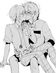  2boys aoba_tsumugi arm_support asymmetrical_hair belt blush breast_pocket closed_eyes clothes_grab collar_grab commentary_request ear_blush ensemble_stars! glasses greyscale highres invisible_chair kissing korean_commentary male_focus monochrome multiple_boys neckwear_grab notice_lines pants pentagram_necklace plaid_clothes plaid_pants pocket raised_eyebrows raised_inner_eyebrows sakasaki_natsume school_uniform shirt_tucked_in short_hair short_sleeves simple_background sitting sitting_on_lap sitting_on_person surprised tsmkwa wavy_hair white_background yaoi yumenosaki_school_uniform 