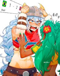  2026_fifa_world_cup abs absurdres aqua_hair arm_warmers bare_shoulders blush bracelet braid brazil brazilian_flag brazilian_miku breasts commentary dark_skin english_commentary eyewear_on_head fake_horns fangs flag_print flower flying_sweatdrops hair_flower hair_ornament hatsune_miku hatsune_miku_world_cup_custody_battle_(meme) helmet highres horned_helmet horns jewelry kynlv long_hair meme midriff multicolored_nails multiple_bracelets multiple_girls muscular muscular_female navel norway norwegian_flag norwegian_flag_print norwegian_miku open_mouth photo-referenced shirt shorts shouting sunglasses tan teeth twin_braids twintails viking vocaloid white-framed_eyewear world_cup yarm_helmet yellow_shirt 