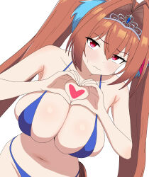  absurdres alternate_costume armpit_crease bare_shoulders bikini blue_bikini blush breasts brown_hair brown_tail cleavage closed_mouth collarbone commentary_request daiwa_scarlet_(umamusume) dot_nose double-parted_bangs dutch_angle embarrassed female frown furrowed_brow hair_between_eyes hair_intakes halterneck heart heart_hands highres horse_girl horse_tail large_breasts long_hair looking_at_viewer navel red_eyes sideboob sidelocks silver_tiara simple_background solo standing sweatdrop swimsuit tail twintails umamusume user_dnyu3532 white_background 