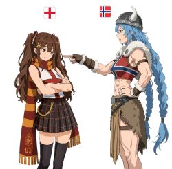  2026_fifa_world_cup 2girls ai-assisted ai-generated black_thighhighs blue_nails bow braid breasts brown_eyes brown_gloves brown_hair closed_mouth commentary crossed_arms england english_commentary english_flag english_flag_print english_miku fake_horns fingerless_gloves flag_print fur-trimmed_gloves fur_trim gloves hair_ornament hairbow hatsune_miku hatsune_miku_world_cup_custody_battle_(meme) helmet highres horned_helmet horns large_breasts long_hair medium_breasts meme midriff multiple_girls muscular muscular_female navel norway norwegian_flag norwegian_flag_print norwegian_miku open_mouth pelvic_curtain scarf shiren_(ourboy83) shirt shorts skirt smile thighhighs twin_braids twintails viking vocaloid white_shirt world_cup x_hair_ornament 