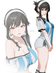  absurdres bare_shoulders black_hair blush breasts cleavage commentary english_commentary female highres large_breasts long_hair looking_at_viewer melowh multiple_views red_eyes shirt short_shorts short_sleeves shorts sidelocks smile spy_x_family world_cup yor_briar 