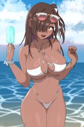  barfchan beach bikini breasts brown_hair dark-skinned_female dark_skin eyewear_on_head food goddess_of_victory:_nikke hair_over_one_eye highres large_breasts mole mole_under_mouth naga_(nikke) popsicle scrunchie shiny_skin side_ponytail suggestive_fluid surprised swimsuit wide-eyed wrist_scrunchie 