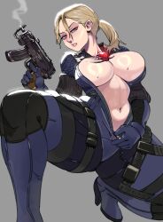  absurdres blonde_hair blue_eyes bodysuit boots breasts commentary commission cosita_art english_commentary female gloves gun high_heel_boots high_heels highres holding holding_gun holding_weapon jill_valentine jill_valentine_(battle_suit) large_breasts legs_apart long_hair low_ponytail navel open_bodysuit open_clothes ponytail purple_bodysuit resident_evil resident_evil_5 skorpion_vz._61 solo submachine_gun sweat unzipping weapon 