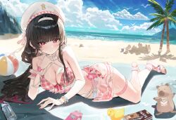  artistic_error ball beachball beret bikini bikini_skirt black_hair blue_sky blush breasts chisa_(peach_parfait)_(wuthering_waves) chisa_(wuthering_waves) cleavage closed_mouth commentary_request day female fingernails food hair_intakes hair_ribbon hairband hat highres korean_commentary large_breasts long_fingernails long_hair looking_at_viewer lying md5_mismatch nail_polish namipon_(wuthering_waves) official_alternate_costume on_side outdoors pink_nails pink_ribbon pocky red_eyes resolution_mismatch ribbon rubber_duck sand_castle sand_sculpture sandals see-through_clothes see-through_skirt skirt sky smile solo sonchi source_smaller swimsuit toenail_polish toenails toes very_long_fingernails white_hairband white_hat white_skirt wrong_foot wuthering_waves 