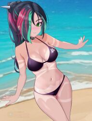  absurdres beach bikini breasts cleavage commentary_request dutch_angle ear_piercing eyeshadow female fortnite freckles from_above futatunoniji green_eyes green_streaks hair_ornament hair_stick halterneck helsie_(fortnite) highres long_hair makeup medium_breasts multicolored_hair nail_polish navel piercing pink_streaks ponytail smile solo streaked_hair string_bikini swimsuit tanlines triangle_bikini_top 