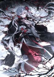  absurdres antenna_hair artist_name black_gloves black_kimono blood blood_on_face branch breasts character_request chest_sarashi choker collarbone commission copyright_request earrings female flower flysquirrel frilled_sleeves frills full_body gloves grey_eyes grey_hair hair_between_eyes hair_flower hair_ornament hair_stick hakama hakama_skirt heterochromia highres holding holding_sword holding_weapon japanese_clothes jewelry kanzashi kimono large_breasts long_hair long_sleeves looking_at_viewer lying mihuashi_commission obi obidome on_back outdoors parted_lips partially_fingerless_gloves red_eyes red_flower red_hakama ribbon_choker sandals sarashi sash skirt smiley_face smiley_hair_ornament snow socks solo sword tabi teardrop_earrings twintails very_long_hair watermark weapon white_socks wide_sleeves zouri 