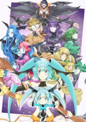  6+girls aqua_hair black_leotard blonde_hair blue_eyes blue_hair blue_skin boots braid braided_ponytail brown_hair colored_skin commentary_request crossed_arms duel_monster facial_mark fairy fortune_fairy_hikari fortune_lady_dark fortune_lady_earth fortune_lady_every fortune_lady_fire fortune_lady_light fortune_lady_past fortune_lady_water fortune_lady_wind glasses green_hair green_skin head_wings highres holding holding_staff hood leotard long_hair mizuna9696 multiple_girls pointy_ears purple_eyes purple_hair red_hair smile solitaire_magician staff thigh_boots twintails wings yellow_eyes yu-gi-oh! 