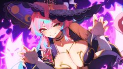  absurdres artist_name black_hat blue_hair breasts bridal_gauntlets character_request cleavage commentary commission copyright_request english_commentary female green_eyes hat highres long_hair pink_hair pink_nails solo twitter_username vgen_commission weiic 