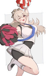  :d ;d absurdres arm_up armpits bare_arms bare_shoulders black_unitard blue_sash blush bow breasts cheering cheerleader collarbone commentary_request covered_navel female female_corrin_(cheer_power)_(fire_emblem) female_corrin_(fire_emblem) fire_emblem fire_emblem_fates fire_emblem_heroes gonzarez grey_background grey_hair hair_between_eyes hairbow highres holding holding_pom_poms large_breasts leg_up long_hair miniskirt official_alternate_costume official_alternate_hairstyle one_eye_closed open_mouth pointy_ears pom_pom_(cheerleading) ponytail red_eyes sash shirt shoes simple_background skirt smile socks standing standing_on_one_leg teeth thick_thighs thighs white_shirt white_shoes white_socks 