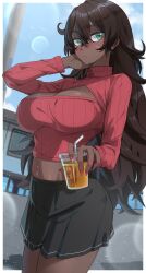  absurdres belly black_hair black_skirt blue_sky blush breasts cleavage cleavage_cutout closed_mouth clothing_cutout commentary cowboy_shot crop_top cup dark-skinned_female dark_skin drink drinking_straw english_commentary female green_eyes hair_between_eyes highres holding holding_cup large_breasts long_hair long_sleeves looking_at_viewer midriff miniskirt navel navel_piercing original outdoors ozzyart_0221 piercing pleated_skirt red_sweater ribbed_sweater skirt sky solo standing sweater thighs turtleneck turtleneck_sweater variant_set very_dark_skin very_long_hair 