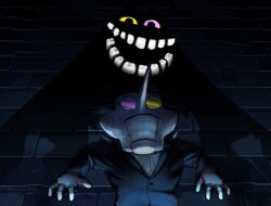  1boy black_hair black_suit brick_wall business_suit clenched_teeth colored_sclera colored_skin commentary dark_background deltarune doll_joints english_commentary friend_(deltarune) glasses heterochromatic_eyewear highres horror_(theme) joints living_shadow long_nose looking_ahead looking_at_another male_focus mismatched_sclera nervous_sweating open_mouth pink_sclera pointy_nose rassicas scared short_hair signature silhouette spamton_g._spamton suit sweat teeth tinted_eyewear underlighting utdr_(toby_fox) white_skin yellow_sclera 