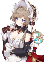  blue_eyes bonnet breasts brown_hair cleavage closed_eyes commentary_request detached_sleeves dress female genshin_impact gloves highres io_(eo_060503) sandrone_(genshin_impact) white_background white_gloves winding_key 