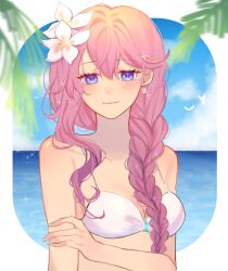  blue_eyes blush braid braided_ponytail breasts double-parted_bangs earrings eiyuu_densetsu emma_millstein flower highres jewelry long_single_sidelock looking_at_viewer no_eyewear ocean pearl_earrings pink_hair sakuradonuts sen_no_kiseki_(series) sen_no_kiseki_iv simple_background single_braid smile swimsuit 
