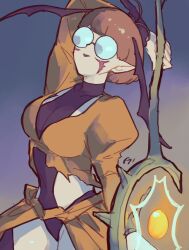 black_leotard breasts brown_hair clothing_cutout commentary_request duel_monster facial_mark female fortune_lady_earth glasses head_wings highres holding holding_staff ishinonono leotard midriff pointy_ears short_hair showgirl_skirt staff stomach_cutout wings yu-gi-oh! 