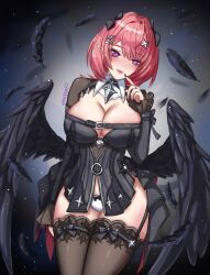  ake_artand black_bow black_dress black_feathers black_nails black_shrug black_thighhighs black_wings blush bow breasts chest_belt cleavage commentary cowboy_shot dress feathered_wings feathers female hair_ornament hairbow highres large_breasts looking_at_viewer medium_hair panties pink_hair pointy_ears purple_eyes remielle_dan shrug_(clothing) solo thighhighs underwear white_panties wings zenless_zone_zero 