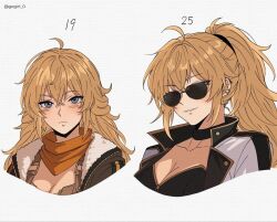  aged_up ahoge blonde_hair breasts character_age commentary english_commentary female gogirl_0 hair_between_eyes large_breasts multiple_views ponytail rwby simple_background sunglasses twitter_username upper_body white_background yang_xiao_long 