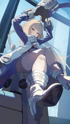  absurdres ahoge arms_up blonde_hair blue_eyes blue_jacket blush closed_mouth commentary crossed_legs female from_below gloves grey_hat hamuchu hat highres holding holding_unworn_clothes holding_unworn_hat jacket long_hair looking_at_viewer norma_hollowell shako_cap shoe_soles shoes sitting solo thighhighs unworn_hat unworn_headwear white_gloves white_shoes white_thighhighs zenless_zone_zero 