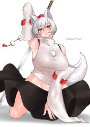  absurdres animal_ears arm_up armpits black_skirt blush breasts commentary_request detached_sleeves female full_body groin hat highres holding holding_sword holding_weapon inubashiri_momiji katana kneeling large_breasts looking_at_viewer pom_pom_(clothes) red_eyes red_hat ribbon-trimmed_sleeves ribbon_trim shirt short_hair simple_background skirt sleeveless sleeveless_shirt solo sword tail take_(take143000) tokin_hat touhou turtleneck turtleneck_shirt twitter_username weapon white_background white_hair white_shirt white_sleeves wolf_ears wolf_girl wolf_tail 