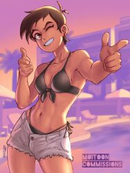  antenna_hair bikini black_bikini black_hair breasts brown_eyes closed_mouth commentary commission cowboy_shot dark-skinned_female dark_skin dc_comics double_finger_gun english_commentary female finger_gun grand_theft_auto grand_theft_auto_vi highres lois_lane moitoon my_adventures_with_superman navel one_eye_closed short_hair short_shorts shorts smile superman_(series) swimsuit tomboy 