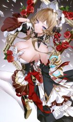  bare_shoulders black_sleeves blue_eyes breasts brown_hair cleavage closed_mouth commentary detached_sleeves dress empty_picture_frame female flower from_side genshin_impact gloves grey_background hand_up high_heels highres leg_up looking_at_viewer medium_breasts multi-source_commentary picture_frame red_flower rinshu_cg sandrone_(genshin_impact) shoes short_hair_with_long_locks sideboob signature solo strapless strapless_dress thighhighs white_gloves white_thighhighs 
