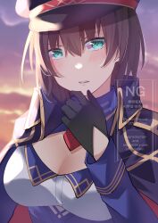  absurdres aoi_erika aoi_erika_(battle_cry_of_the_soul) black_gloves black_hair blue_eyes breasts cleavage_cutout clothing_cutout commentary_request dmc_tales2006 female finger_to_own_chin gloves hat heaven_burns_red highres looking_at_viewer medium_breasts military_hat military_uniform open_mouth short_hair upper_body 