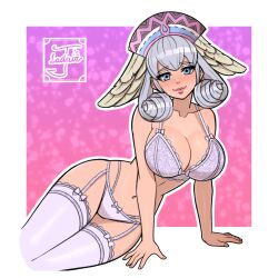  absurdres artist_logo blue_eyes bra breasts cleavage closed_mouth commentary cropped_legs english_commentary female garter_belt grey_hair head_wings highres jayladair large_breasts lingerie lips logo looking_at_viewer medium_hair melia_antiqua navel panties purple_bra purple_panties purple_thighhighs smile solo stomach thighhighs underwear underwear_only wings xenoblade_chronicles_(series) xenoblade_chronicles_1 