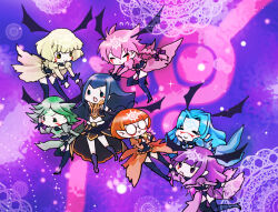  black_eyes black_leotard blonde_hair blue_hair boots brown_hair carly_nagisa chibi closed_eyes commentary_request dark_signer_uniform duel_monster facial_mark fortune_lady_dark fortune_lady_earth fortune_lady_fire fortune_lady_light fortune_lady_water fortune_lady_wind glasses green_hair head_wings leotard long_hair midriff mimige purple_hair red_hair smile thigh_boots wings yu-gi-oh! yu-gi-oh!_5d's 
