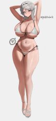  absurdres armpits arms_behind_head arms_up bikini blue_eyes blush breasts commentary_request curvy faust_(project_moon) female front-tie_bikini_top front-tie_top full_body grey_hair highres huge_breasts korean_commentary legs limbus_company looking_at_viewer navel pmlbtmlorlc presenting_own_armpit project_moon sandals side-tie_bikini_bottom sideboob solo standing stomach sweat swimsuit thick_thighs thighs underboob white_bikini 