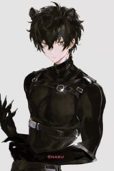  1boy absurdres amamiya_ren animal_ears black_eyes black_gloves black_hair black_shirt chest_harness chidian_chidian chinese_commentary chromatic_aberration closed_mouth commentary_request fingernails glint gloves grey_background hair_between_eyes harness highres long_fingernails male_focus o-ring o-ring_harness persona persona_5 shirt simple_background solo upper_body watermark 
