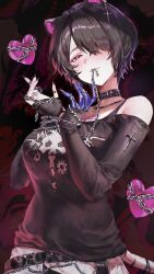 animal_ears belt_collar black_collar black_hair black_shirt blush breasts chains collar commentary erina_makina female hair_over_one_eye heart highres long_sleeves mn374390 phase_connect pink_eyes purple_nails shirt short_hair solo tail tiger_ears tiger_girl tiger_tail virtual_youtuber 