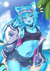  :d animal_ears beach black_sports_bra blue_eyes blue_hair blue_skin blush breasts cat_ears cat_girl cat_tail collar collarbone colored_skin commentary_request cowboy_shot crop_top cutoffs day denim denim_shorts eyewear_on_headwear female high_ponytail highres jacket jacket_partially_removed long_hair long_sleeves looking_at_viewer monster_girl navel oerba_yun_fang open_clothes open_jacket open_mouth original outdoors ponytail short_shorts shorts slime_girl slime_kemomimi_(ug_(nekonekodou)) small_breasts smile solo sports_bra tail textless_version ug_(nekonekodou) v variant_set visor_cap 