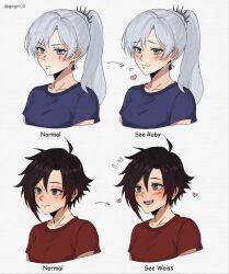  2girls ahoge blue_eyes breasts brown_hair commentary english_commentary gogirl_0 grey_eyes heart highres multiple_girls open_mouth ponytail ruby_rose rwby short_hair short_sleeves simple_background small_breasts smile teeth tongue twitter_username weiss_schnee white_background white_hair 