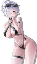  absurdres arm_strap bare_shoulders black-framed_eyewear black_choker black_slingshot_swimsuit blush breasts choker cinderella_(crystal_wave)_(nikke) cinderella_(nikke) cleavage collarbone commentary_request eyes_visible_through_hair eyewear_on_head female goddess_of_victory:_nikke hair_bun hair_over_one_eye hand_on_own_cheek hand_on_own_face highres large_breasts long_hair looking_at_viewer navel official_alternate_costume parted_lips red_eyes simple_background slingshot_swimsuit solo stomach sunglasses swimsuit t235711taiga thigh_strap white_background white_hair 