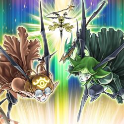 3girls anonymous_(yu-gi-oh!) blonde_hair boots brown_hair clothing_cutout duel_monster fortune_lady_earth fortune_lady_light fortune_lady_wind glasses green_hair head_wings holding holding_staff inherited_fortune midriff multiple_girls official_art pointy_ears showgirl_skirt staff stomach_cutout thigh_boots third-party_source wings yu-gi-oh! 