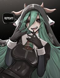  absurdres animal_ears bell black_background black_gloves breasts commentary cow_ears cow_horns crelly crelly_(mold_mother) earrings english_commentary english_text female gloves gradient_background green_hair hair_between_eyes heterochromia highres horns indie_virtual_youtuber jewelry makeup mikuneki mole mole_under_mouth nun open_mouth pink_eyes runny_makeup solo speech_bubble symbol-shaped_pupils teeth upper_body virtual_youtuber white_eyes 