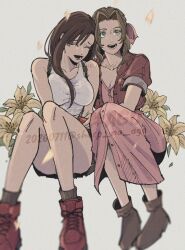  2girls aerith_gainsborough bare_legs bare_shoulders black_hair black_skirt black_socks boots breasts brown_boots brown_hair closed_eyes collarbone crop_top dated dress english_commentary final_fantasy final_fantasy_vii flower full_body green_eyes grey_background hair_ribbon jacket knees large_breasts legs lily_(flower) long_hair miniskirt multiple_girls open_clothes open_jacket open_mouth parted_bangs pink_dress pink_ribbon red_boots red_jacket ribbon sharp_na_ago single_sidelock sitting skirt socks tank_top tifa_lockhart twitter_username white_tank_top yellow_flower 