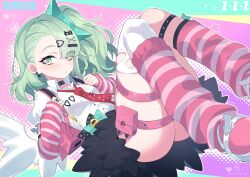  arm_warmers ass bag bandaid bandaid_hair_ornament blush closed_mouth commentary_request earrings female fur-trimmed_skirt fur_trim green_eyes green_hair hair_ornament hairclip highres jewelry leg_warmers looking_at_viewer matsumoto_tomoyohi multicolored_leg_warmers multiple_hairclips multiple_thigh_straps musical_note_earrings necktie pink_arm_warmers pink_bag pink_leg_warmers red_necktie shirt skirt solo striped_arm_warmers striped_leg_warmers sunna_(zenless_zone_zero) thigh_strap two-tone_leg_warmers white_shirt white_wings winged_bag wings zenless_zone_zero 