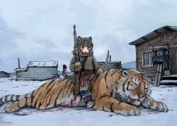  absurdres animal animal_ears antique_firearm arisaka bayonet blood bolt_action boots brown_hair coat corpse death female gun highres holding holding_gun holding_weapon house injury long_sleeves musket original outdoors rifle saddle scarf second-party_source sky snow sword tail tiger tiger_ears tiger_girl tiger_tail variant_set weapon weapon_request winter_clothes yihan_world 