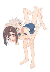  2girls :d @_@ absurdres alternate_hairstyle armpit_crease assisted_stretching back-to-back barefoot blue_one-piece_swimsuit blunt_bangs brown_hair carrying carrying_person center-flap_bangs collarbone commentary feet flustered full_body grey_pupils hair_bun highres hozuki_momiji knees knees_up legs_up long_hair looking_at_viewer looking_to_the_side low_twintails matching_outfits medium_hair multiple_girls one-piece_swimsuit onii-chan_wa_oshimai! open_mouth orange_eyes orange_hair oyama_mahiro red_eyes ri-el school_swimsuit sidelocks smile swimsuit thighs toes twintails v-shaped_eyebrows 