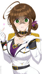  ahoge belt black_belt black_choker blush bra breast_pocket breasts brown_hair chamumi_(mochiumee) choker cleavage commentary_request epaulettes female female_admiral_(kancolle) finger_heart fingerless_gloves folded_ponytail gloves green_eyes hair_between_eyes heart highres jacket kantai_collection large_breasts looking_at_viewer military_uniform mole mole_on_breast mole_under_mouth open_hand pink_lips pocket purple_bra sidelocks skirt underwear white_gloves white_jacket white_skirt 