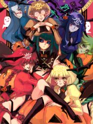  6+girls black_leotard black_sclera blonde_hair blue_hair boots braid braided_ponytail brown_hair carly_nagisa colored_sclera commentary_request duel_monster earthbound_immortal_ccarayhua facial_mark fortune_lady_dark fortune_lady_earth fortune_lady_fire fortune_lady_light fortune_lady_water fortune_lady_wind glasses green_hair halloween head_wings jongo_(alzero) leotard long_hair midriff multiple_girls pointy_ears pumpkin purple_hair red_hair smile thigh_boots wings yu-gi-oh! yu-gi-oh!_5d's 